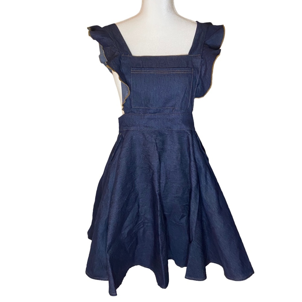Unique Vintage dark blue denim ruffle pinafore (new with tags) size L / 10-12